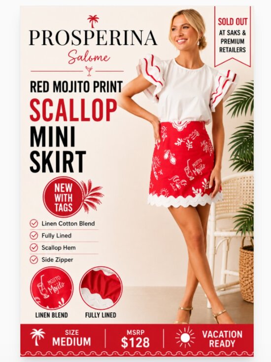PROSPERINA Dresses & Skirts - Prosperina Salome Red Mojito Print Scallop Mini Skirt Linen Medium NWT
